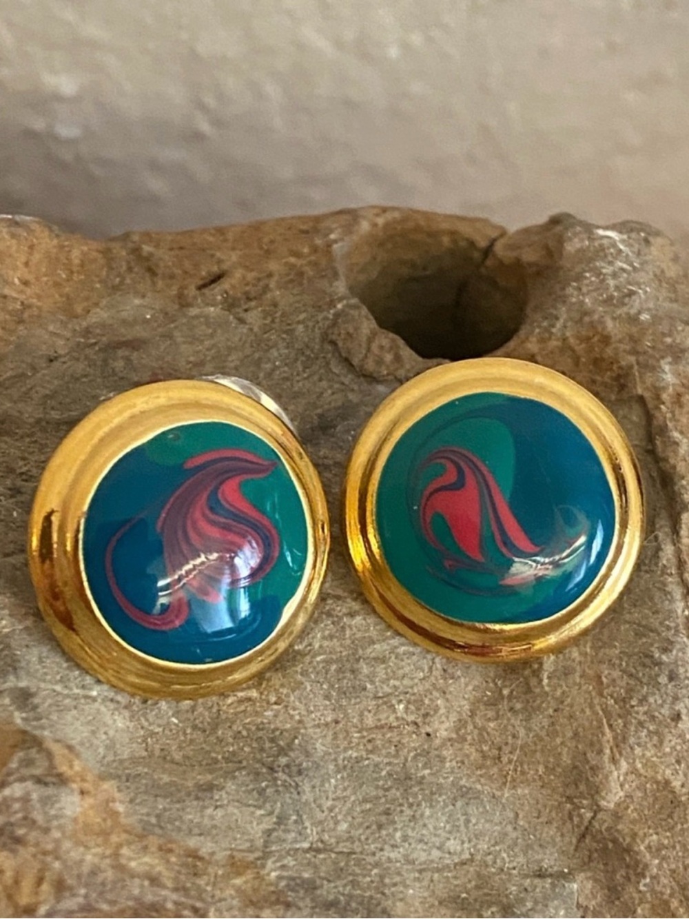 Gold-Trim Teal & Pink Swirl Round Gold Post Earrings